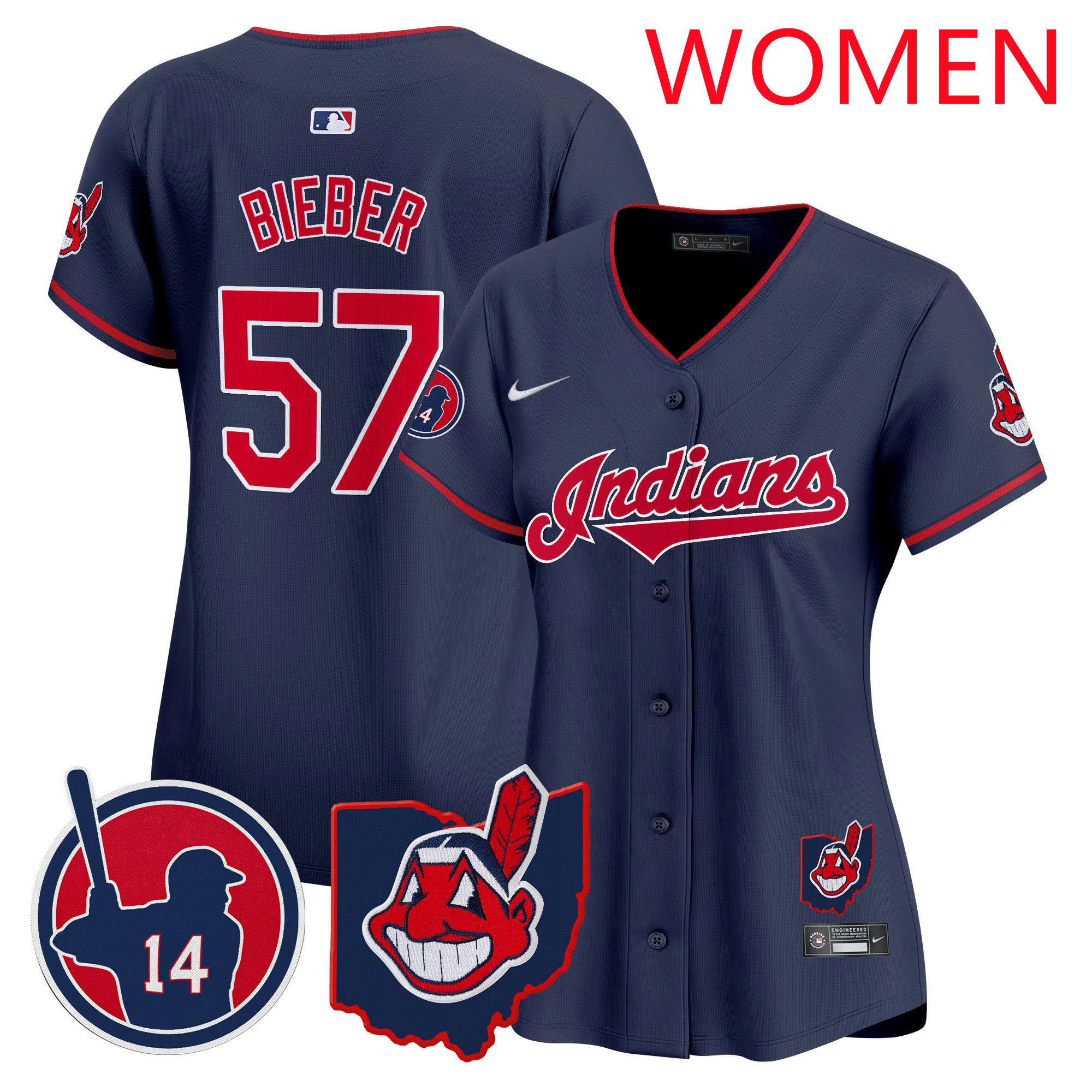 Women Cleveland Indians 57 Bieber Drak Blue Nike 2025 Patch Vapor Premier Limited MLB Jersey